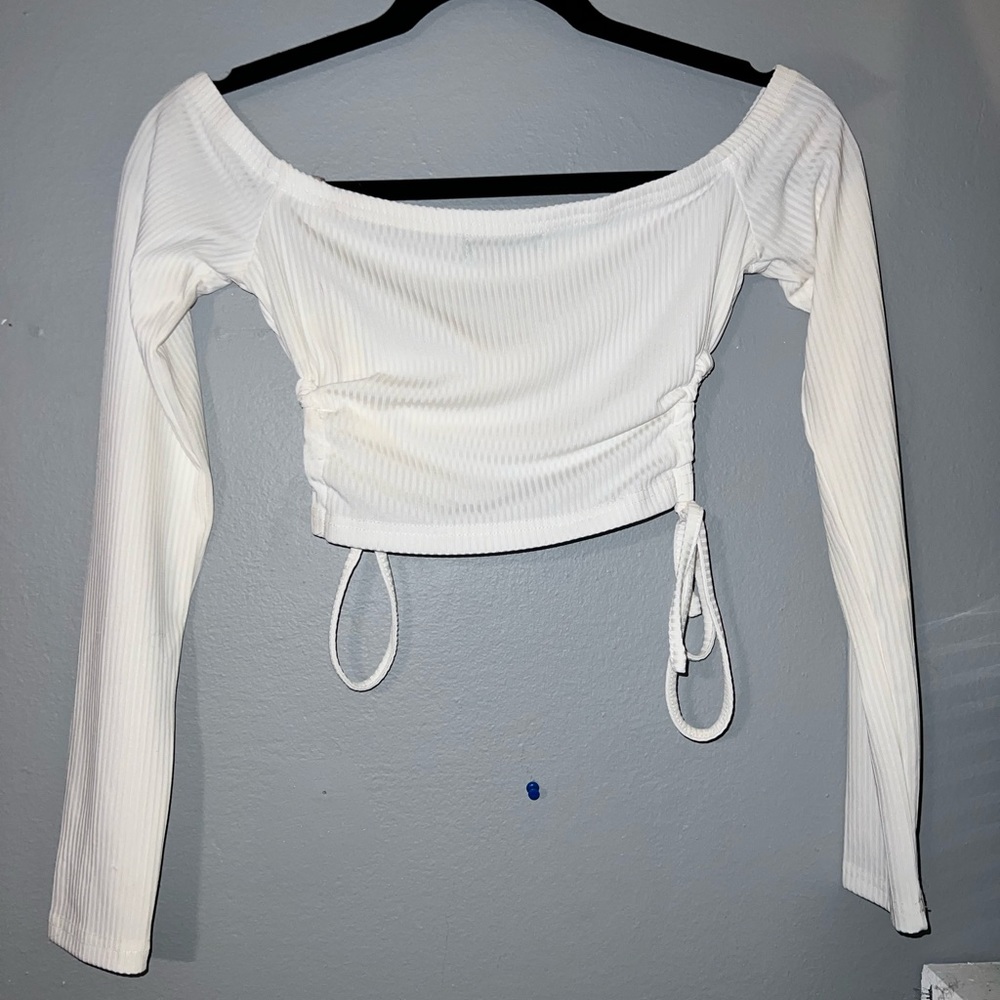 Off Shoulder Cut-out Ruched Rib Knit Tee - Picture 2 of 2